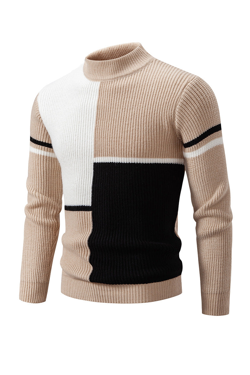 Herren Strickpullover mit modischen Farbblock-Design und hohem Kragen R&B