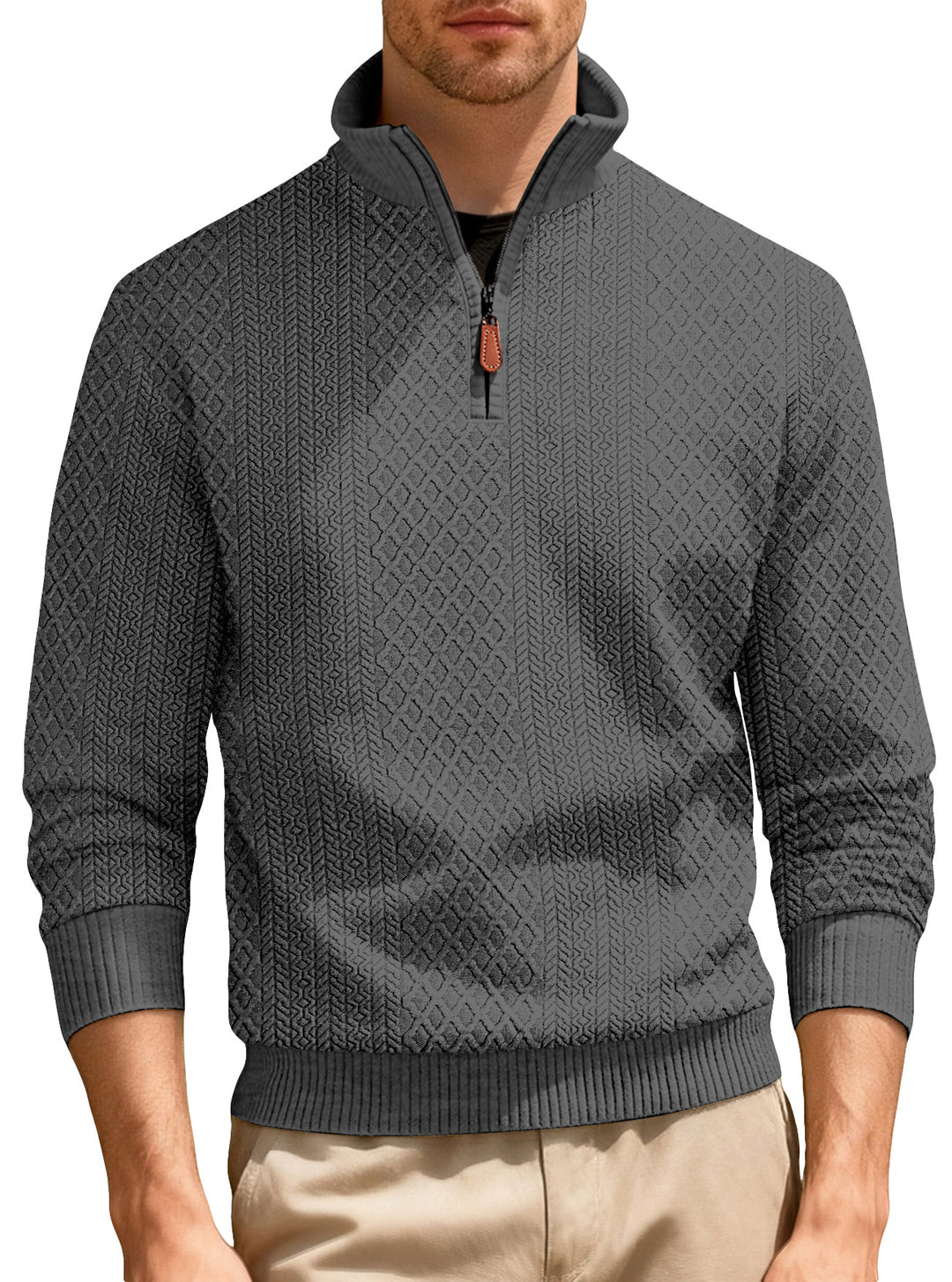 Herren nan feinstrukturierter Halbzip-Pullover im Jacquard-Relief mit hohem Stehkragen und Leder-Zipper R&B