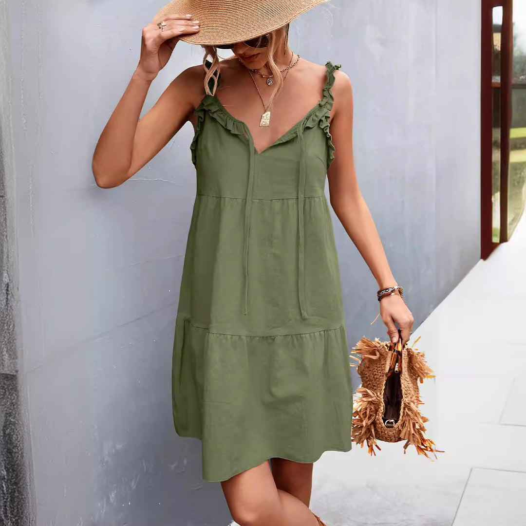 Damen lässiges Sommerkleid mit Rüschendetails und verstellbarem Taillenzug R&B