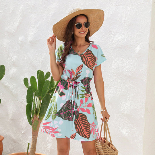 Damen Sommerliches Freizeitkleid mit floralem Muster und Taillengürtel R&B