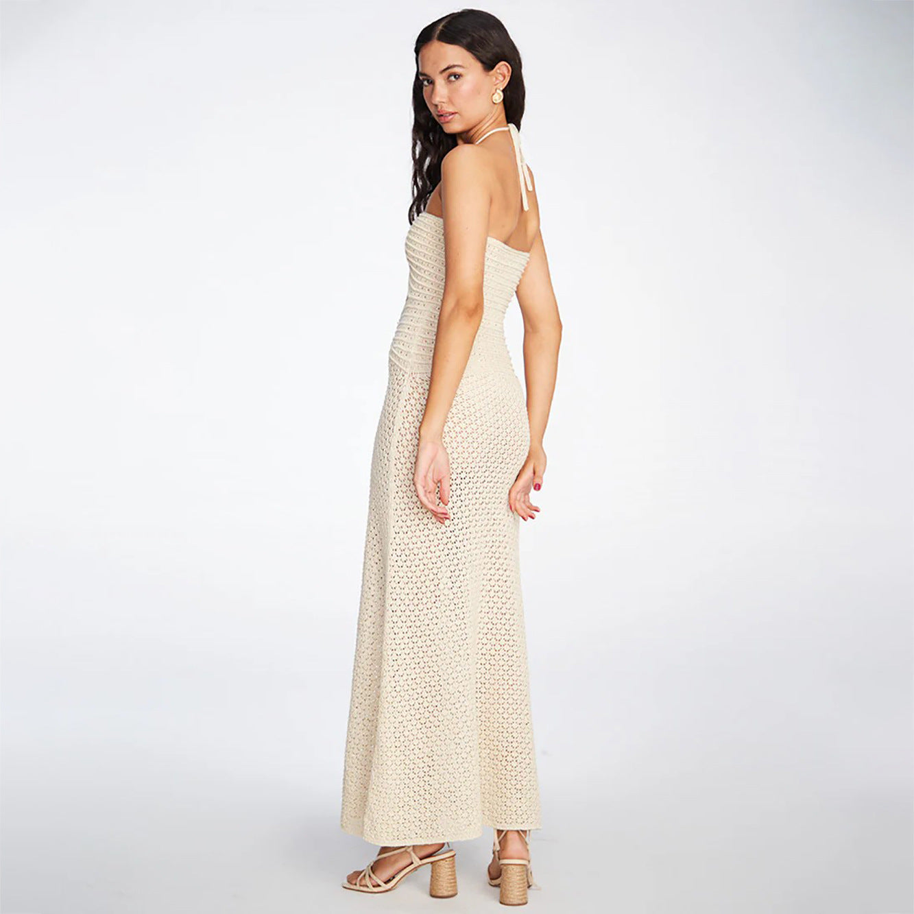 Damen gehäkeltes Maxikleid mit tiefem V-Ausschnitt und seitlichem Cut-Out R&B