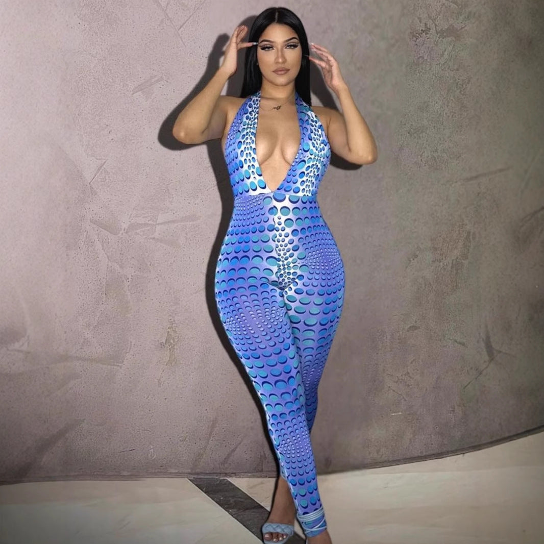 Damen Bodycon Jumpsuit mit tiefem V-Ausschnitt und exklusivem Muster R&B