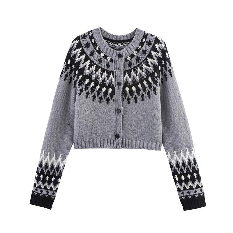 Damen gestrickte Winterjacke mit traditionellem Muster und Knöpfen R&B