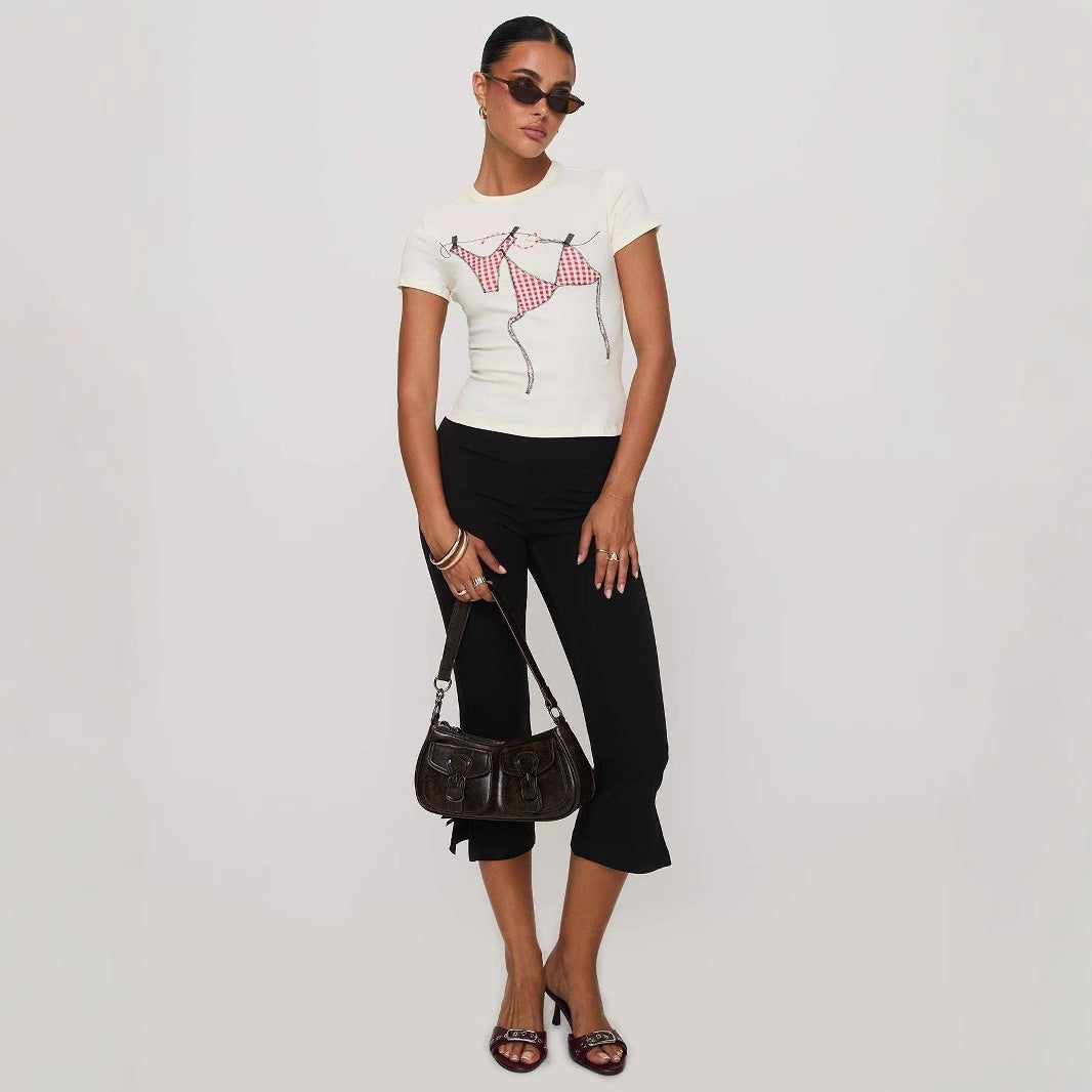 Damen T-Shirt mit kreativem Druck und figurbetontem Schnitt R&B