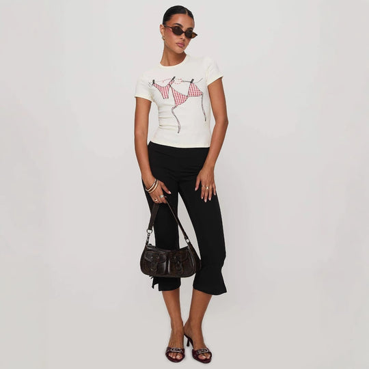 Damen T-Shirt mit kreativem Druck und figurbetontem Schnitt R&B