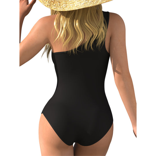 Damen Einteiler Badeanzug mit asymmetrischem Design und transparenten Einsätzen R&B