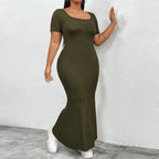 Damen figurbetontes Maxikleid mit quadratischem Ausschnitt aus Rippstrick R&B