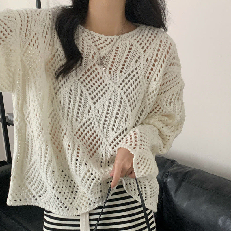 Damen Grobstrick Pullover mit innovativem Lochmuster und lässigem Schnitt R&B