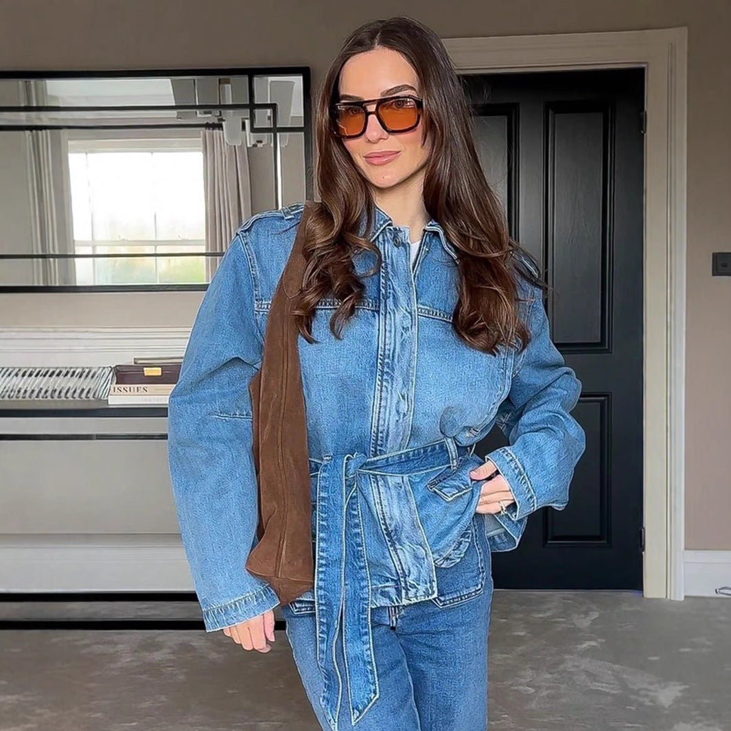 Damen elegante Denimjacke mit taillierbarem Kordelzug R&B