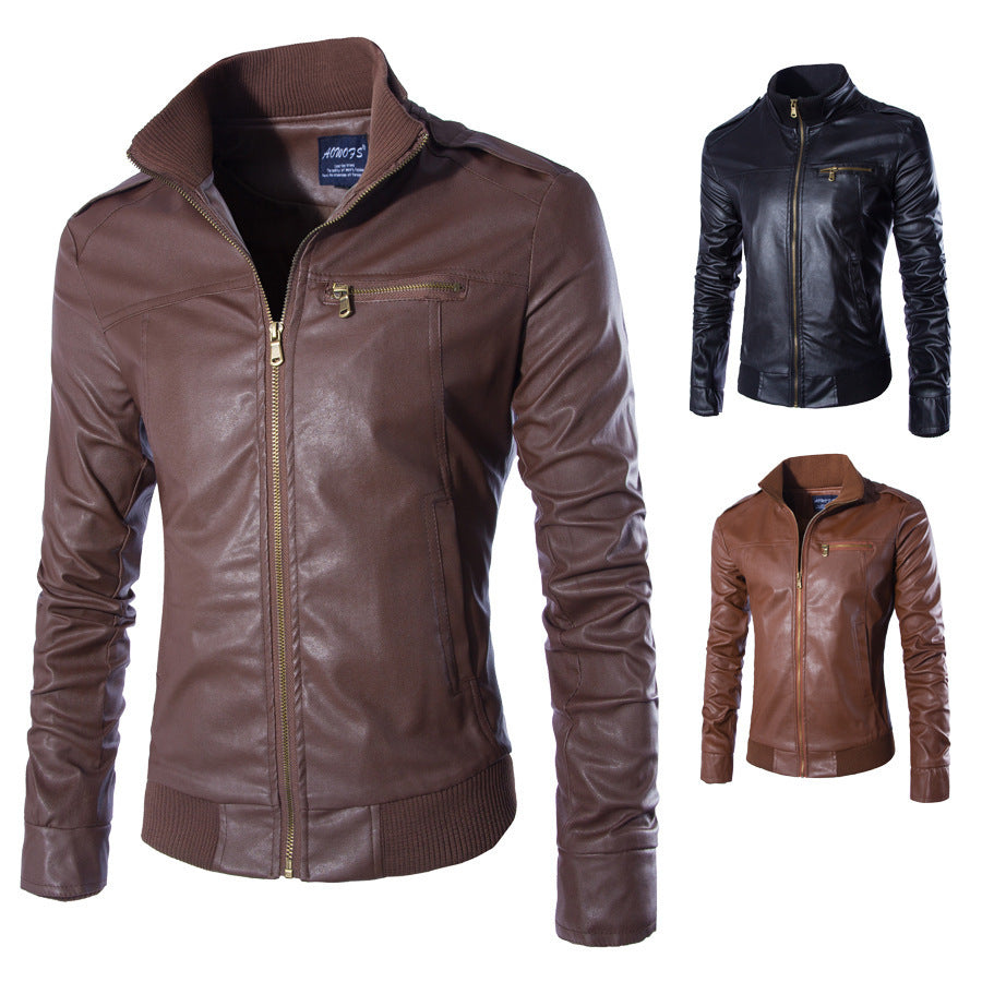 Herren modische Kunstlederjacke mit Reißverschluss und festem Kragen R&B