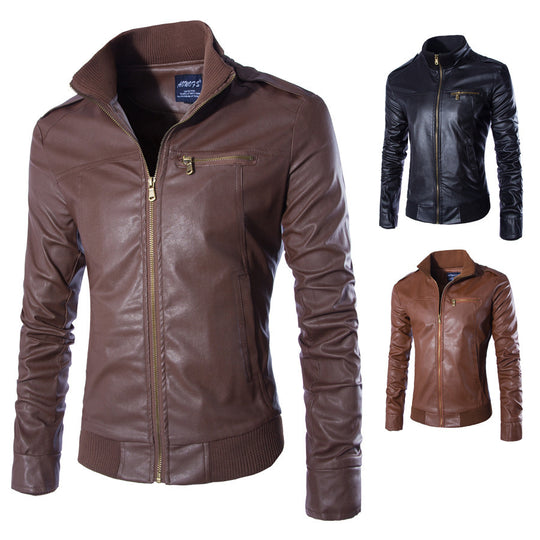 Herren modische Kunstlederjacke mit Reißverschluss und festem Kragen R&B