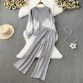 Damen elegantes Strick-Loungewear-Set mit Rautenmuster und weitem Bein R&B