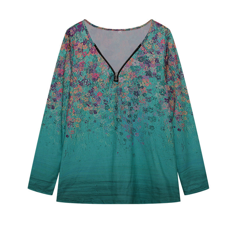 Damen Langarmshirt mit farbenfrohem Blütenmuster und modernem Zipper R&B