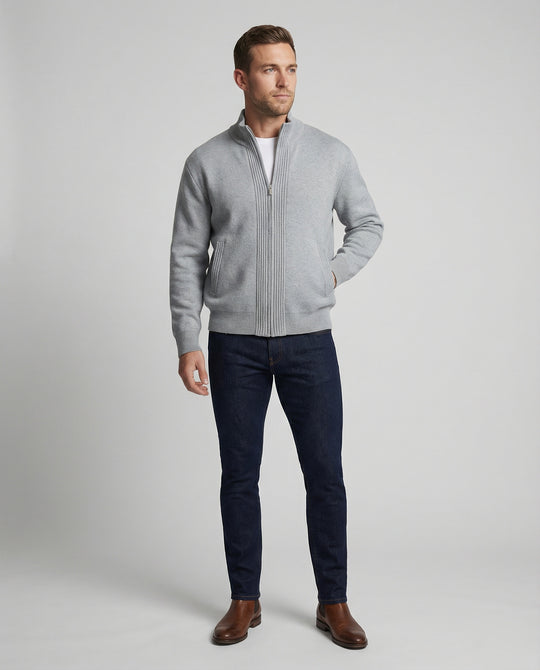 Herren Strickjacke Grau Lockerer Cardigan mit Reißverschluss für Herbst