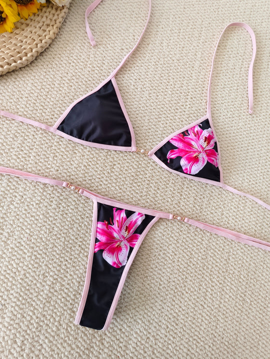 Damen Triangel-Bikini mit floralen Akzenten und verstellbaren Bändern R&B