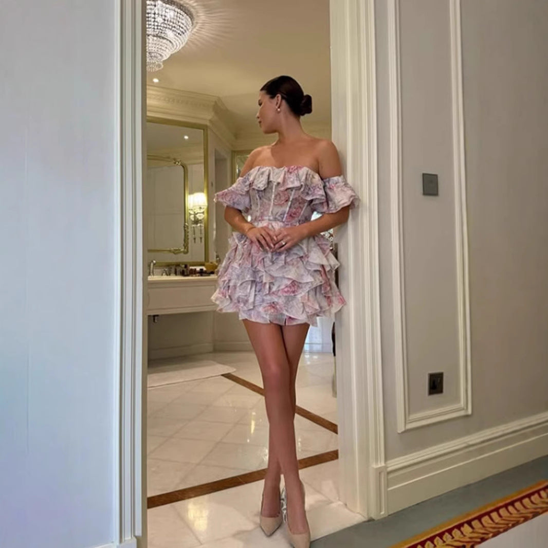 Damen Rüschendes Cocktailkleid mit schulterfreiem Design und tailliertem Schnitt R&B