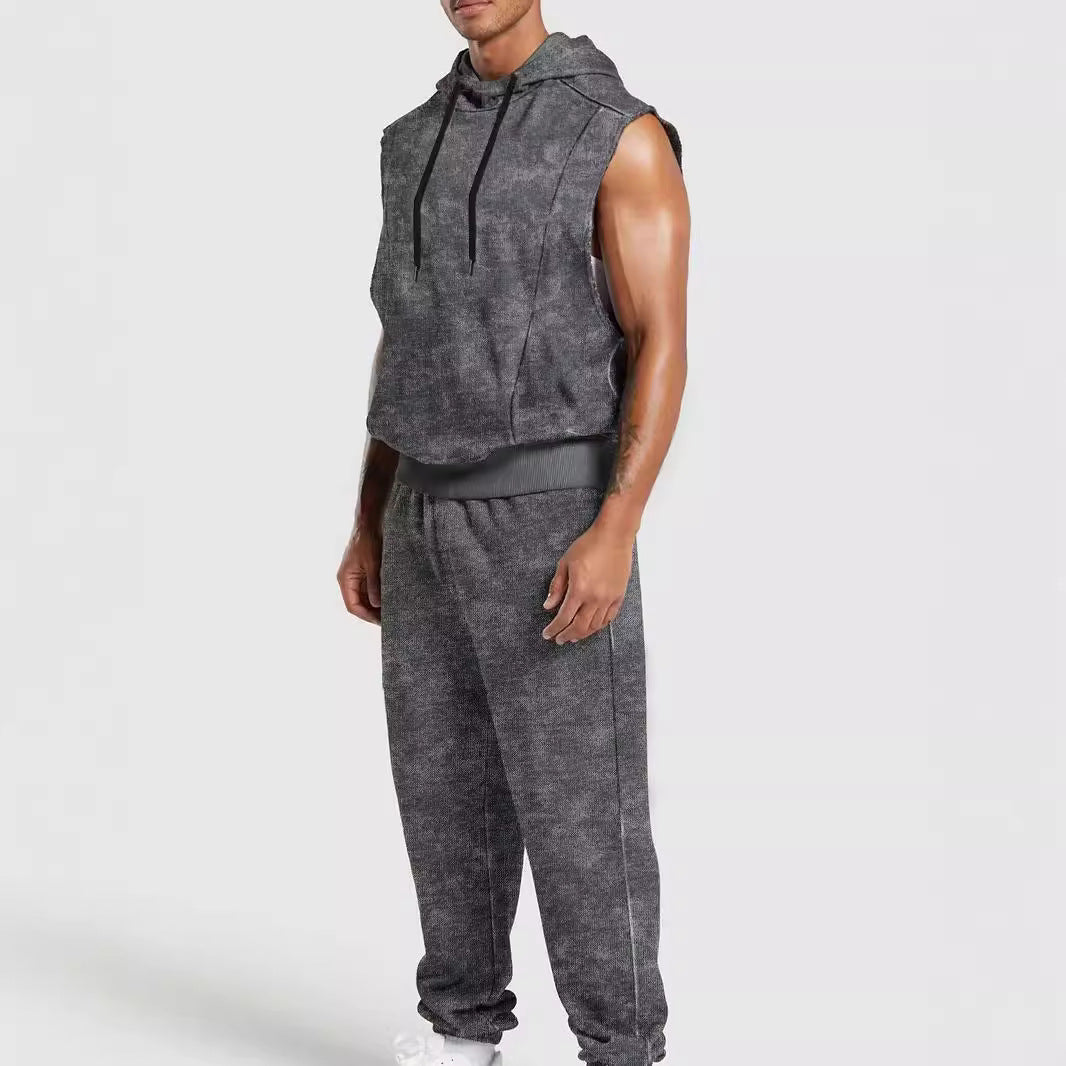 Herren nan ärmelloses Kapuzensweat-Set in Veloursoptik mit elastischer Jogginghose und gerippten Abschlüssen R&B