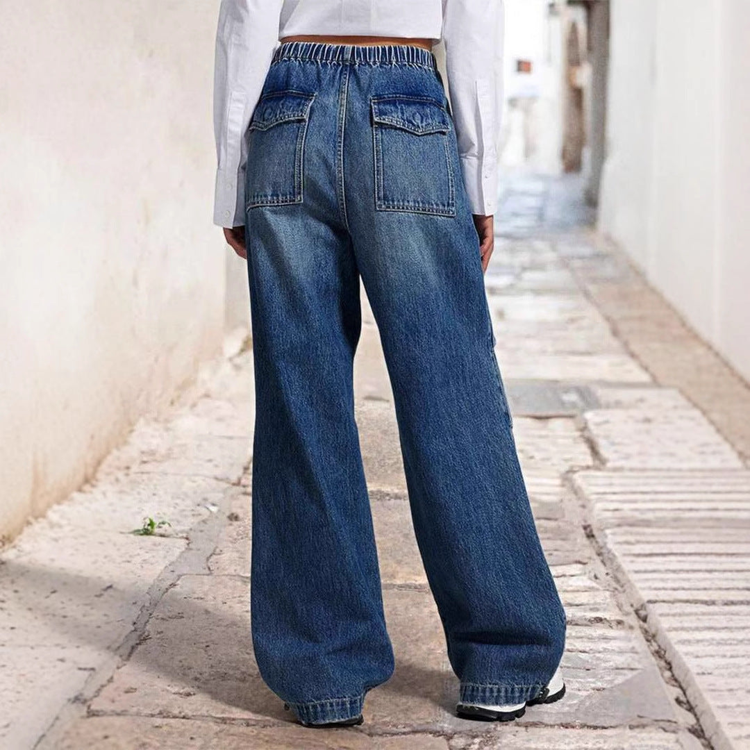 Damen weite Denim-Hose mit elastischem Bund und lässigem Design R&B
