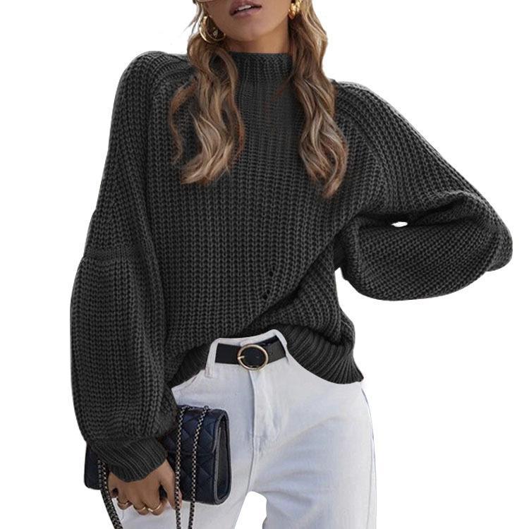 Damen Grobstrickpullover mit hohem Kragen und weitem Schnitt R&B