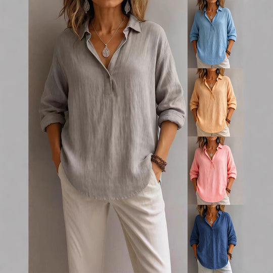 Damen lässige Bluse mit V-Ausschnitt und geknöpftem Kragen R&B
