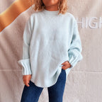 Damen lässiger Strickpullover mit weitem Rundhalsausschnitt und fluffiger Textur R&B