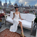 Damen Elegant geschnittenes Maxikleid mit Spitze und tiefem Schlitz R&B