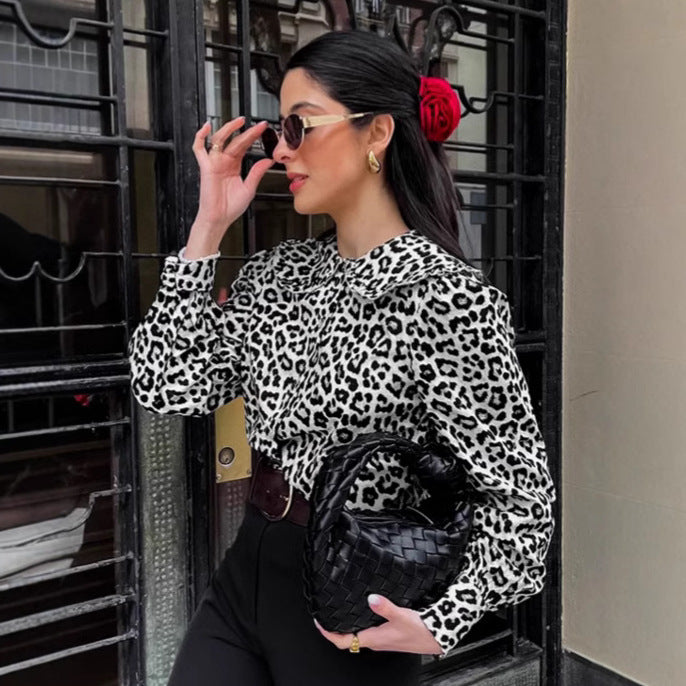 Damen Modische Bluse mit Leopardenmuster und voluminösen Ärmeln R&B