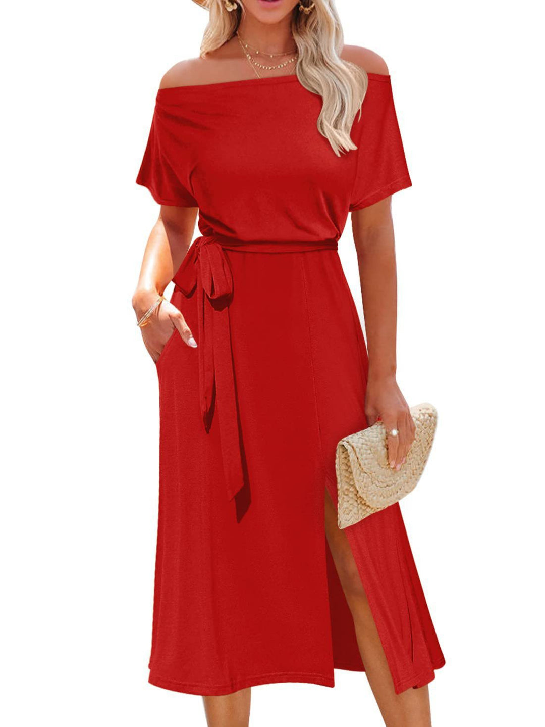 Damen Off-Shoulder Maxikleid mit Taillengürtel und seitlichem Schlitz R&B