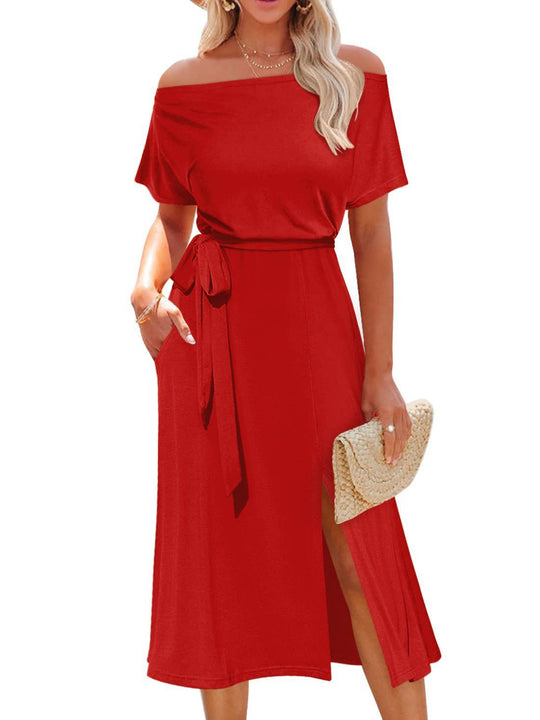Damen Off-Shoulder Maxikleid mit Taillengürtel und seitlichem Schlitz R&B