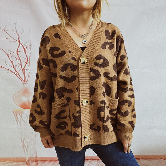 Damen grob gestrickte Cardigan mit tierischem Leopardenmuster und Knopfdetails R&B