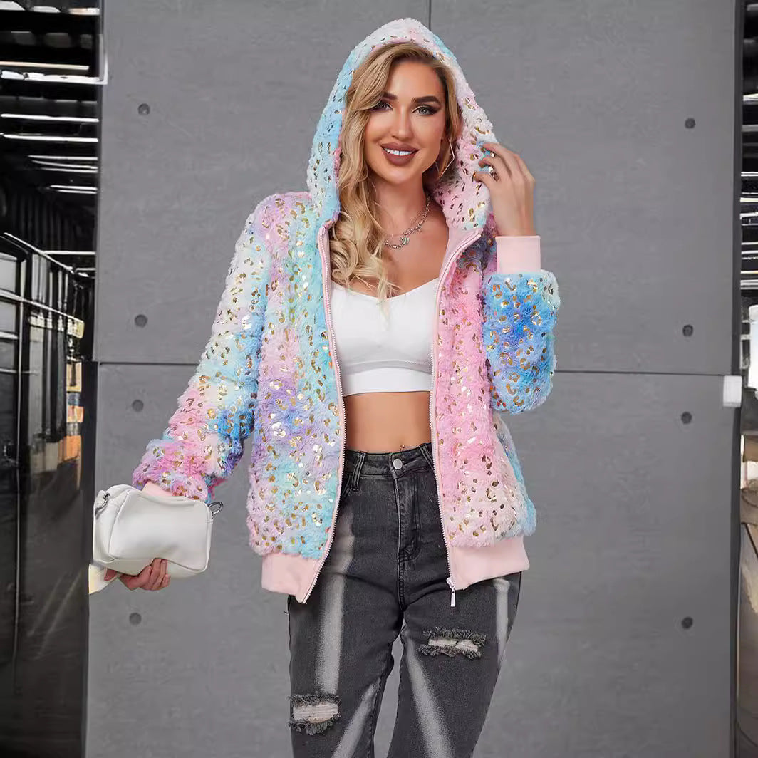Damen Flauschige Kapuzenjacke mit glitzernden Akzenten R&B