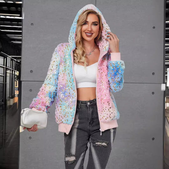 Damen Flauschige Kapuzenjacke mit glitzernden Akzenten R&B