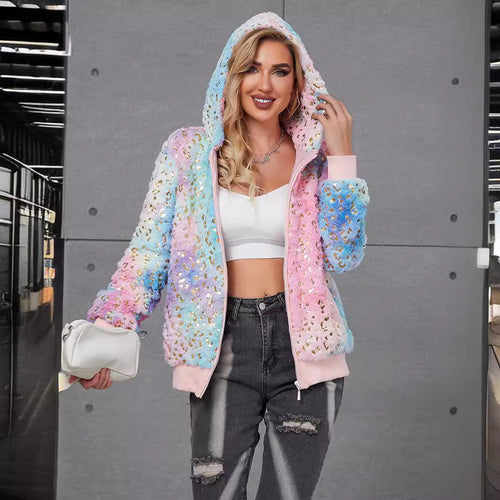 Damen Flauschige Kapuzenjacke mit glitzernden Akzenten R&B