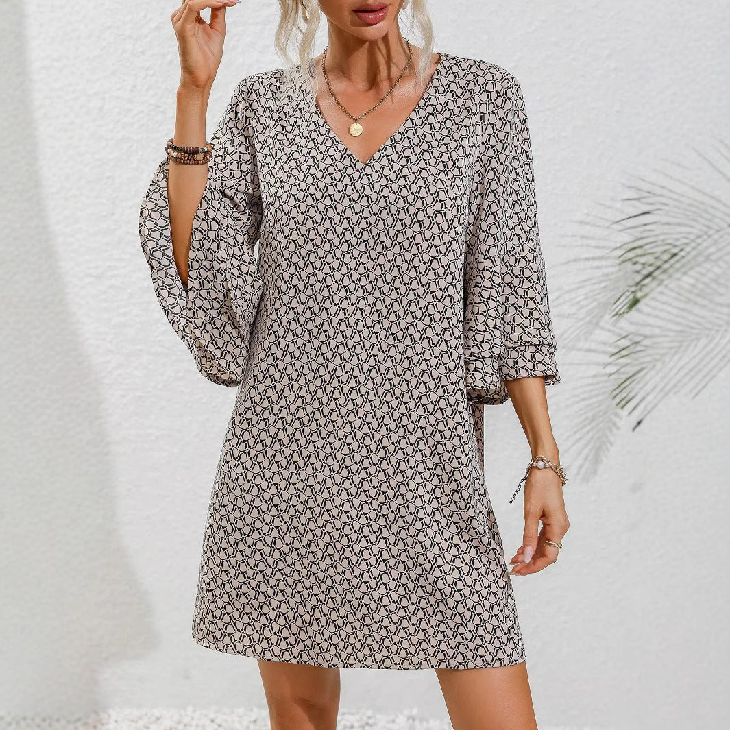 Damen nan fließendes Tunika-Minikleid mit V-Ausschnitt grafischem Kettenmuster und doppellagigen Glockenärmeln R&B