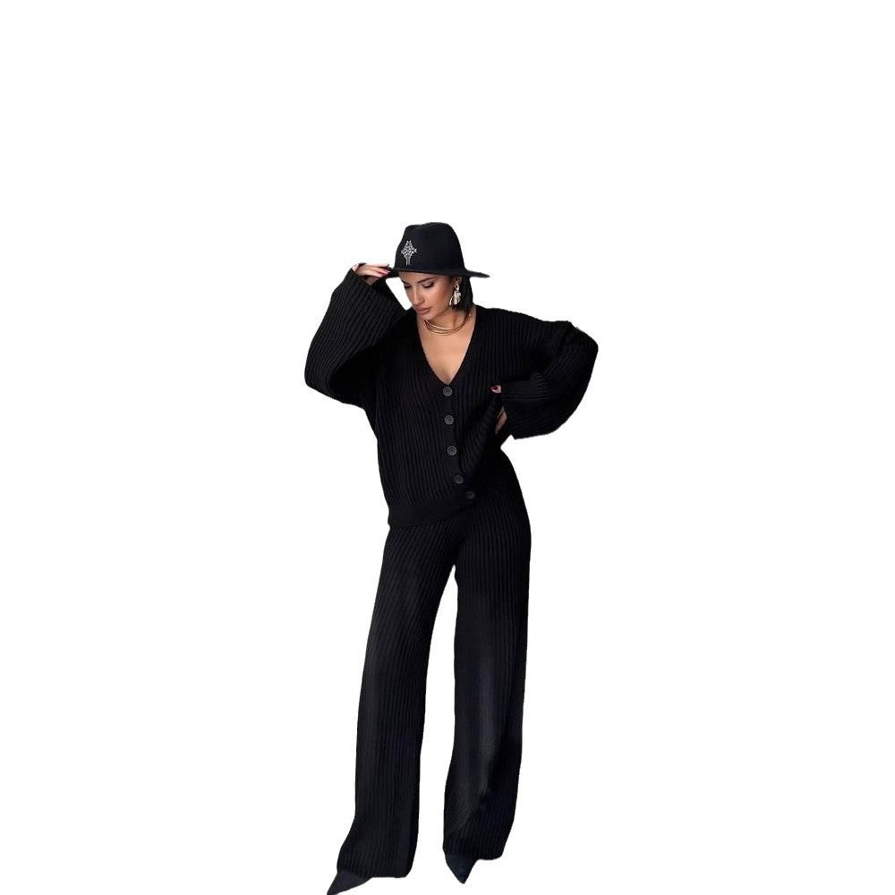 Damen Strick-Loungewear-Set mit weiten Ärmeln und Knopfleiste R&B