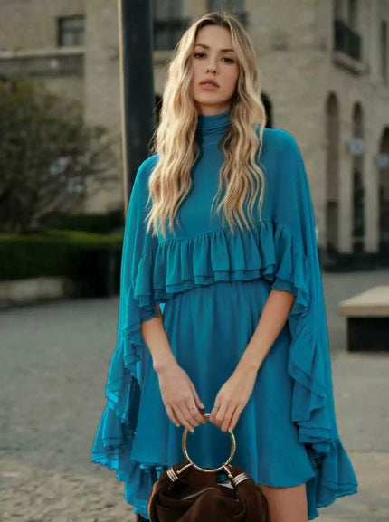 Damen Elegantes Rüschendress mit hochgeschlossenem Ausschnitt und fließendem Schnitt R&B