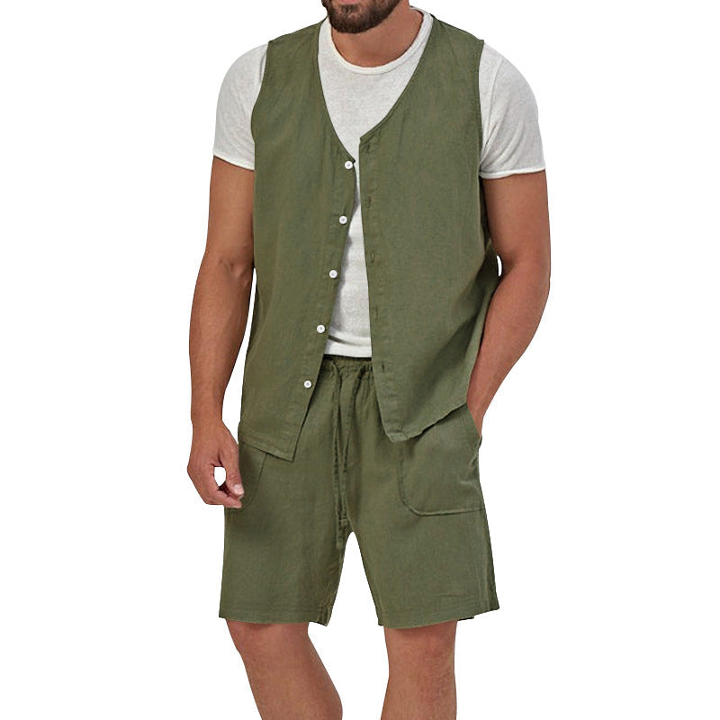 Herren nan zweiteiliges Freizeit-Set mit ärmelloser Knopfweste und weiten Kordelzug-Shorts mit aufgesetzten Taschen R&B