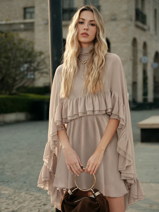 Damen Elegantes Rüschendress mit hochgeschlossenem Ausschnitt und fließendem Schnitt R&B