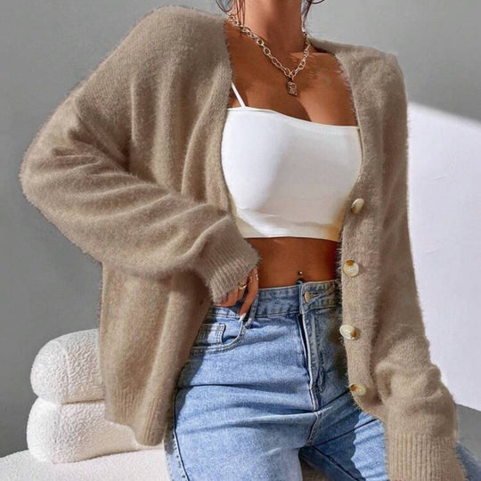 Damen Flauschiger Strick-Cardigan mit goldenen Knöpfen und lässigem Schnitt R&B