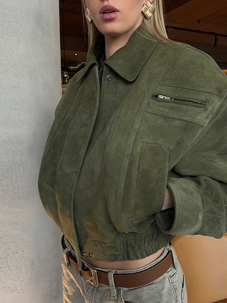 Damen Modische Wildlederjacke im cropped Stil mit praktischen Taschen R&B