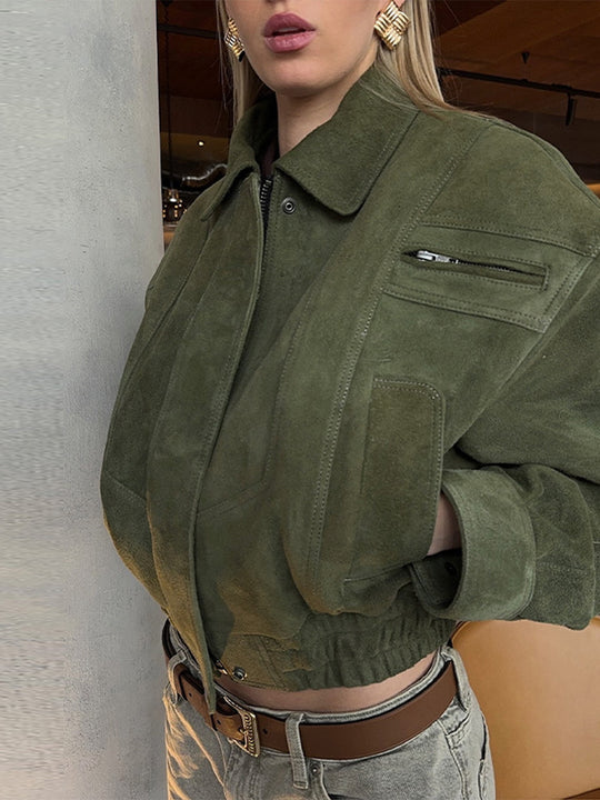 Damen Modische Wildlederjacke im cropped Stil mit praktischen Taschen R&B