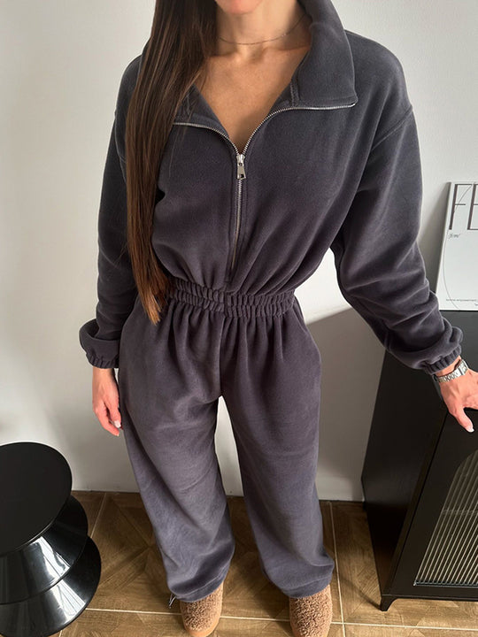 Damen Fleece-Jumpsuit mit hohem Kragen und elastischem Bund R&B