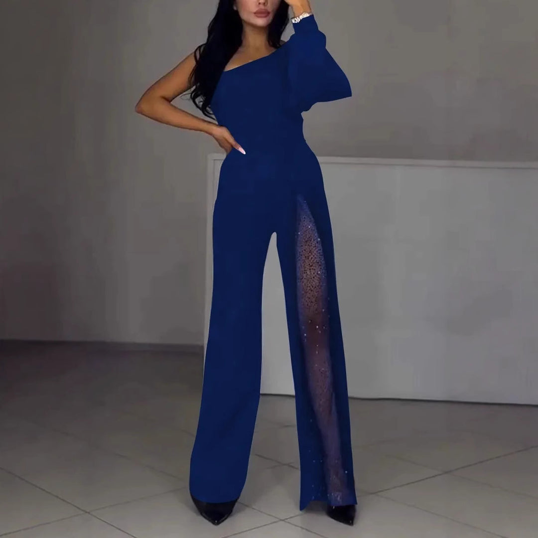 Damen Eleganter Jumpsuit mit transparenten Einsätzen und Pailletten R&B