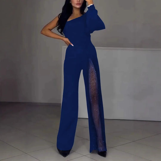 Damen Eleganter Jumpsuit mit transparenten Einsätzen und Pailletten R&B