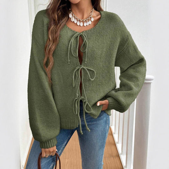 Damen Strickpullover mit dekorativem Schnürdesign und lässigen Ballonärmeln R&B
