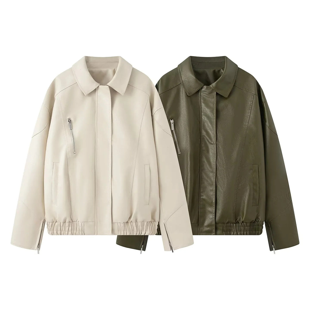 Damen modische Kunstlederjacke mit elastischem Saum und praktischen Taschen R&B