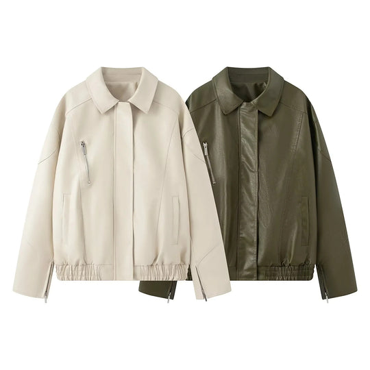 Damen modische Kunstlederjacke mit elastischem Saum und praktischen Taschen R&B