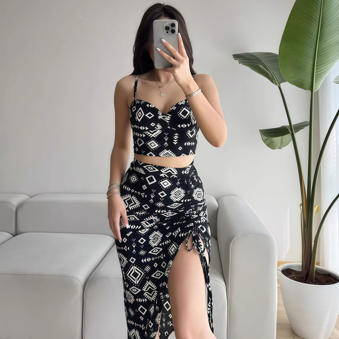 Damen Set aus Crop-Top und Knielangem Rock mit Raffungen R&B