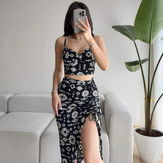 Damen Set aus Crop-Top und Knielangem Rock mit Raffungen R&B