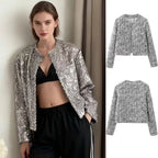 Damen nan gefütterte Bouclé-Kurzjacke mit Paillettenbesatz, Rundhalsausschnitt und offener Front R&B